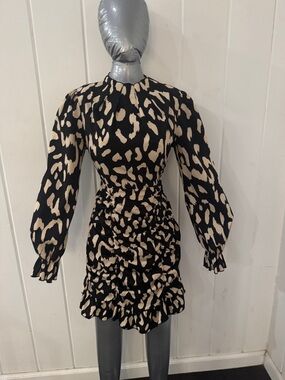 SHEIN Black and Beige Animal Print Long-Sleeve Ruched Mini Dress